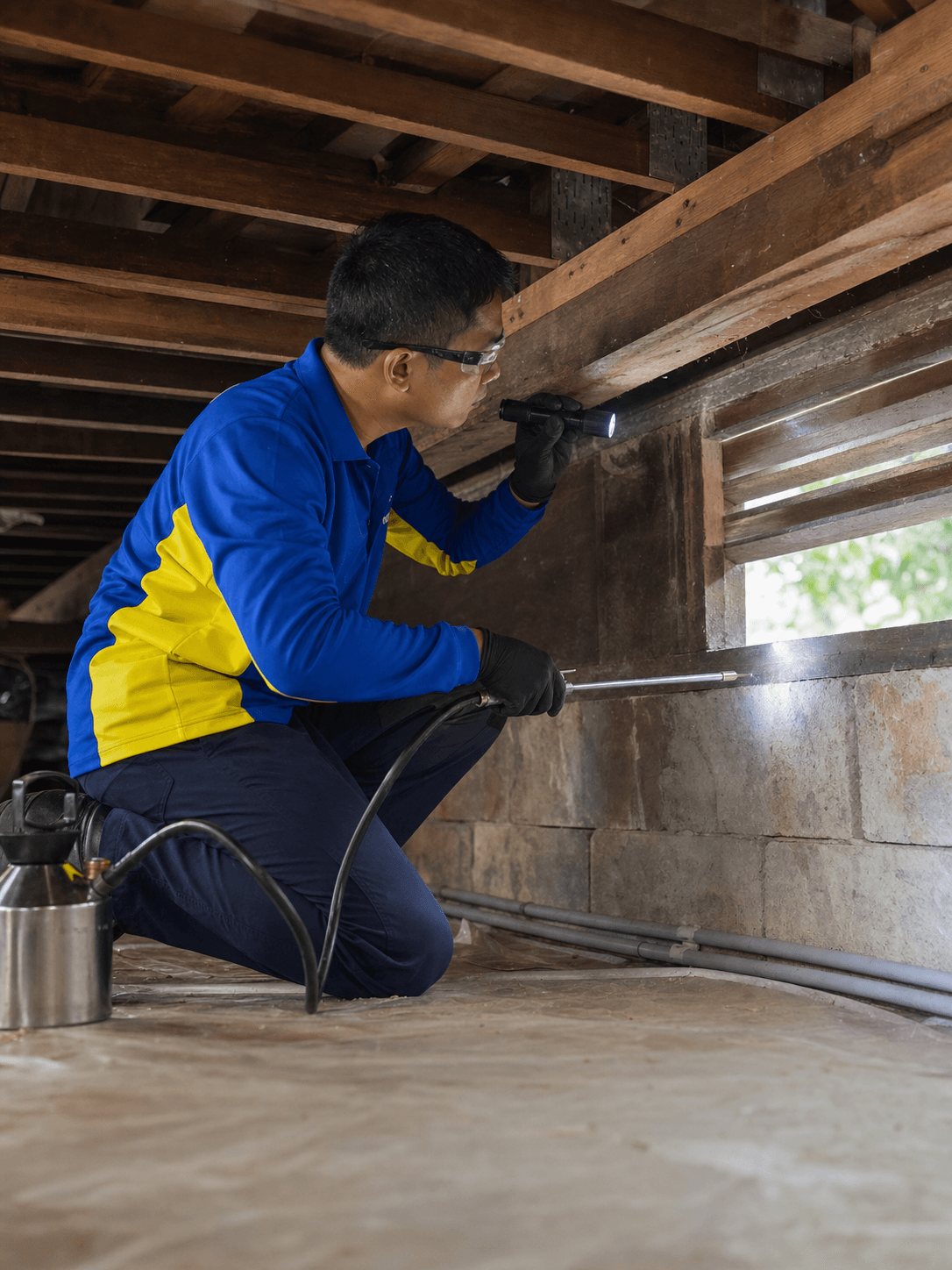 Legion technician inspecting timber and conducting targeted crawlspace treatment